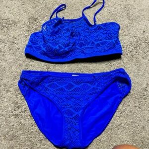 EUC Freya Blue High Neck Bikini Top Size 34DDD Medium Bottom Swimsuit Set